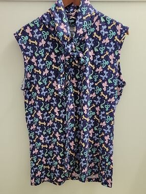 Svaha Balloon Animals Sleeveless Navy Tie-Neck Top - Size Large Organic Cotton